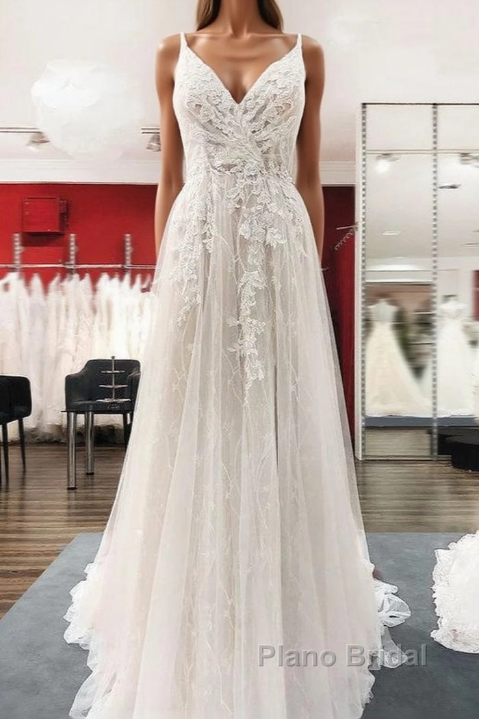 Graceful Long A-line Tulle V-neck Lace Backless Wedding Dresses Main image