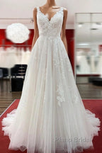 Graceful Long A-line Tulle V Neck Lace Open Back Wedding Dresses