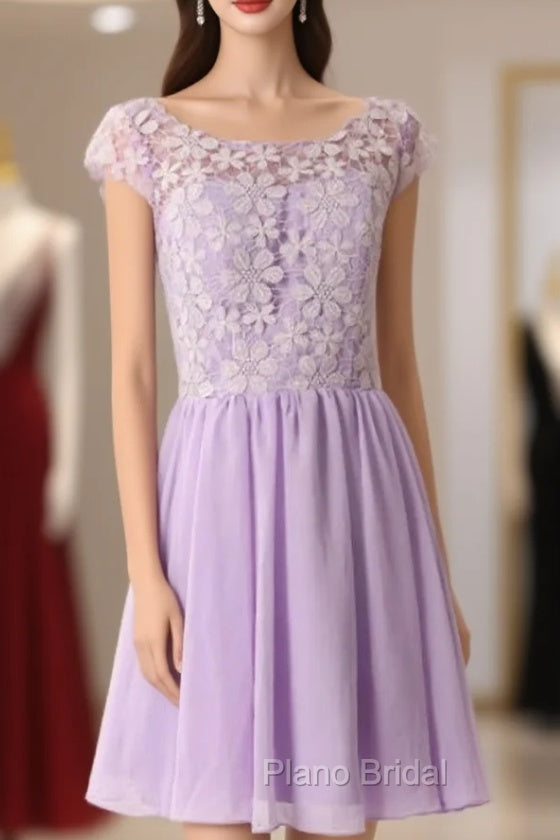 Graceful Purple Lace Round Neckline Short Formal Prom Dresses Purple Bridesmaid Dresses Graduation Dresses Main image