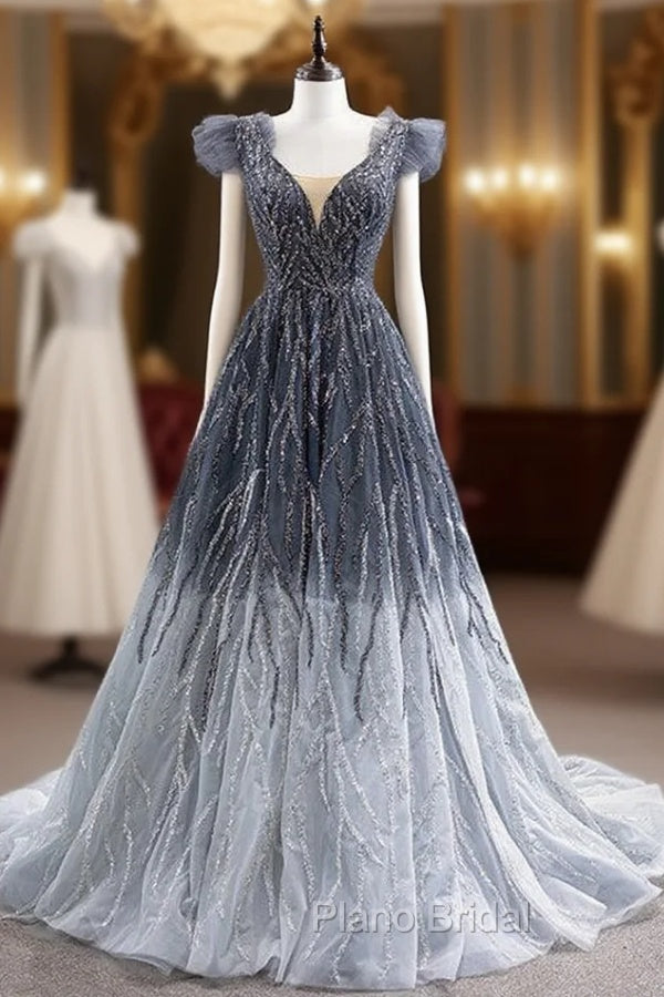 Gradation Gray Tulle V-neck Beading Formal Prom Dresses Main image