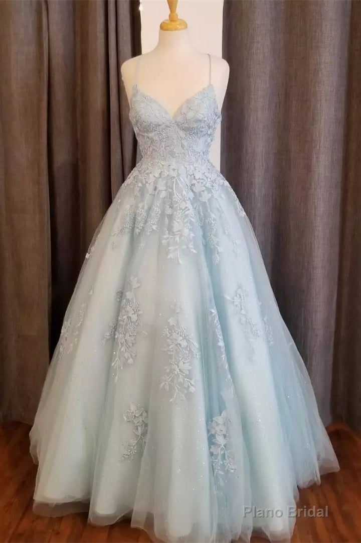 Light Blue Straps Appliques Tulle A-line Long Prom Dress Main image