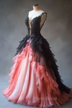 Gradient A-Line Tulle Lace Deep V Neck Long Formal Prom Dresses, Layered Beaded Evening Dresses