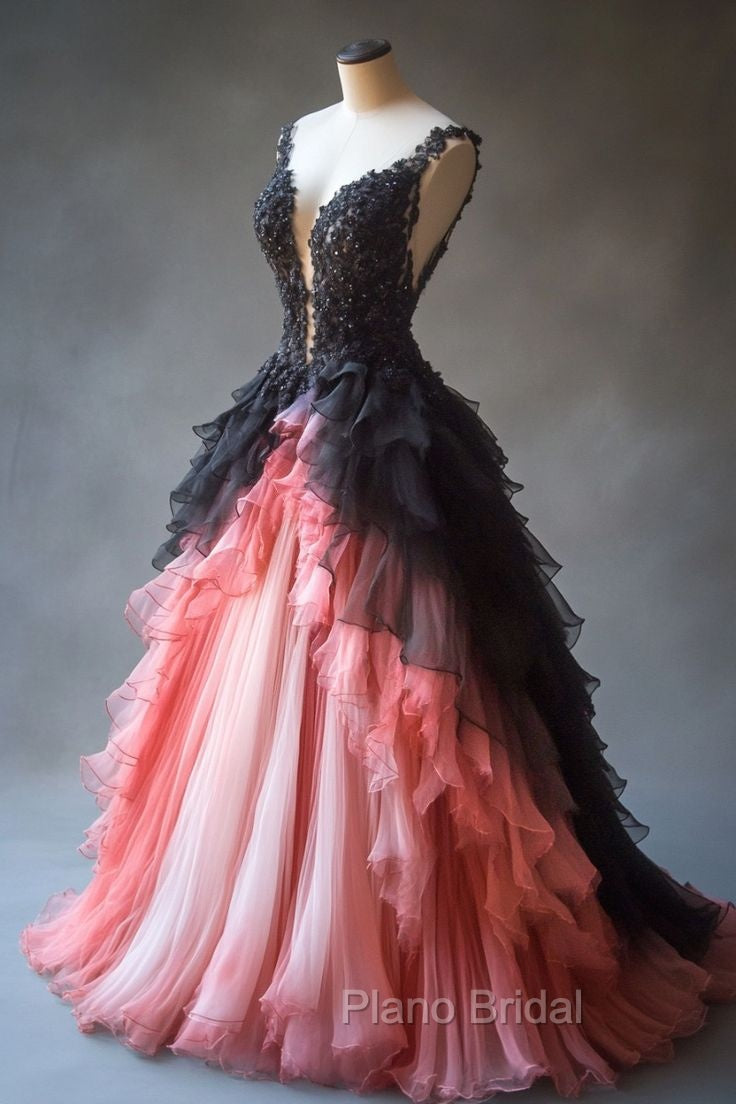 Gradient A-Line Tulle Lace Deep V Neck Long Formal Prom Dresses, Layered Beaded Evening Dresses