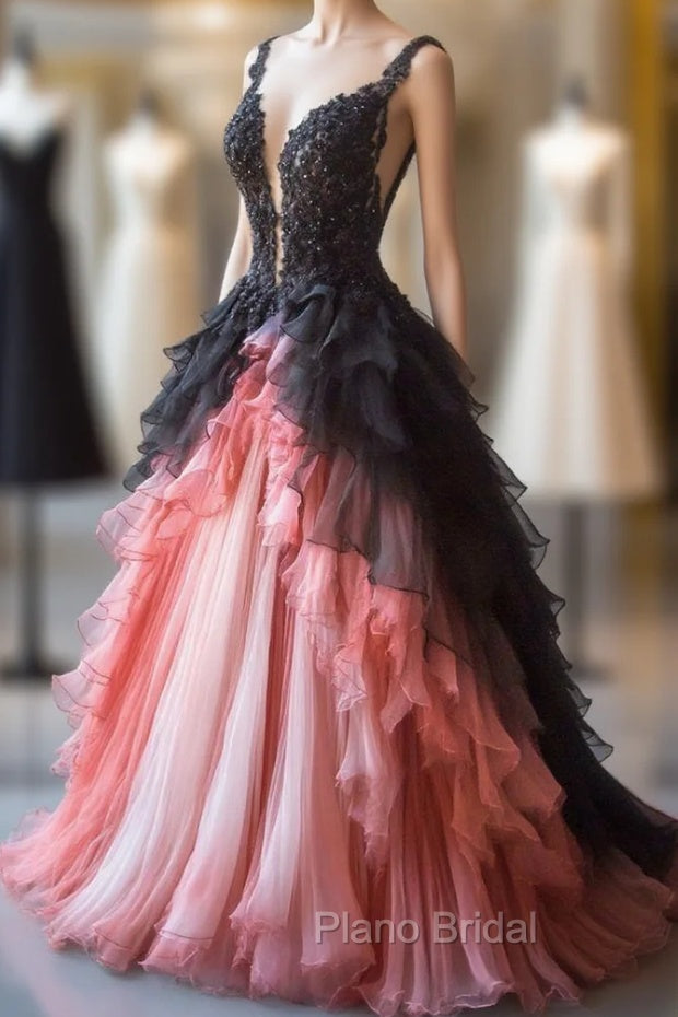 Gradient A-Line Tulle Lace Deep V Neck Long Formal Prom Dresses, Layered Beaded Evening Dresses