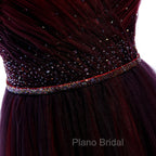 Gradient Beaded Wine Red Tulle Long Party Dresses, A-line Wine Red Formal Prom Formal Dresses