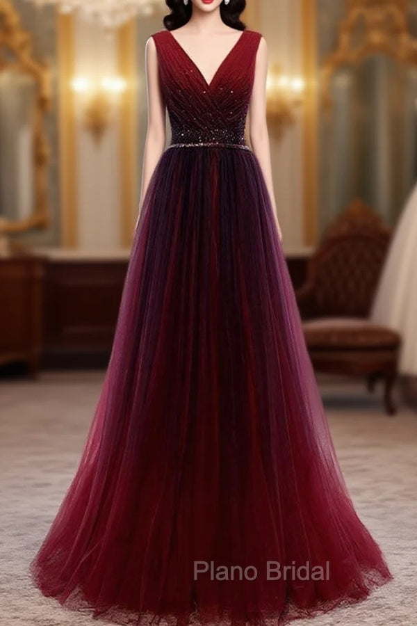 Gradient Beaded Wine Red Tulle Long Party Dresses, A-line Wine Red Formal Prom Formal Dresses