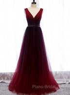 Gradient Beaded Wine Red Tulle Long Party Dresses, A-line Wine Red Formal Prom Formal Dresses
