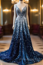 Gradient Blue A-Line Spaghetti Straps Sequins Long Formal Prom Dresses V-Neck Evening Gown