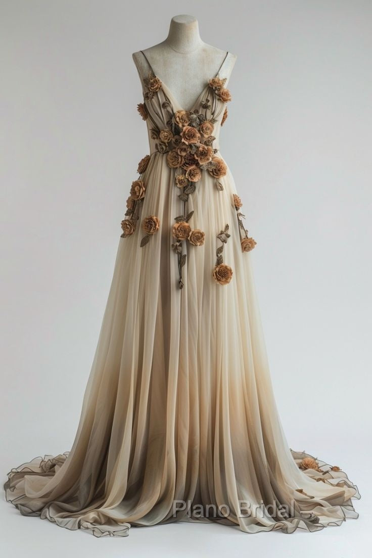 Gradient Champagne V-Neck Chiffon A-Line Formal Prom Dresses Three-Dimensional Rose Simple Wedding Dresses Secondary image