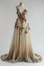 Gradient Champagne V-Neck Chiffon A-Line Formal Prom Dresses Three-Dimensional Rose Simple Wedding Dresses