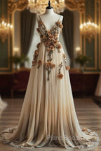 Gradient Champagne V-Neck Chiffon A-Line Formal Prom Dresses Three-Dimensional Rose Simple Wedding Dresses