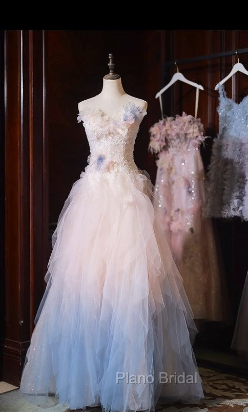 Gradient Color Strapless Tulle A-Line Long Birthday Ball Dresses Beautiful Wedding Dresses Secondary image