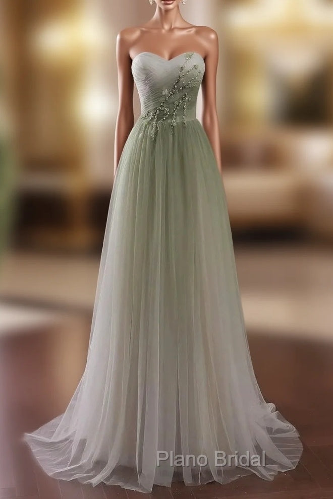 Gradient Light Green Beaded Tulle A-line Party Dresses Long Junior Formal Prom Dresses Formal Prom Dresses shops Main image