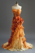 Gradient Orange Mermaid Sweetheart Neck Beaded Long Formal Prom Dresses Layered Lace Applique Wedding Dresses Formal Dressesed01634