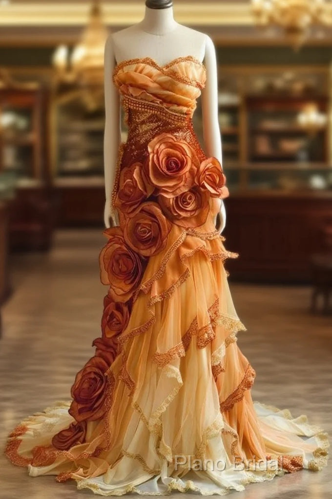 Gradient Orange Mermaid Sweetheart Neck Beaded Long Formal Prom Dresses Layered Lace Applique Wedding Dresses Formal Dressesed01634 Main image
