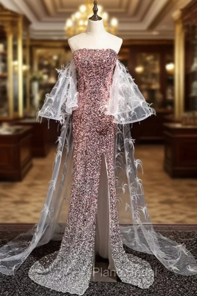 Gradient Pink Sequins Strapless Feather Formal Prom Dresses Main image