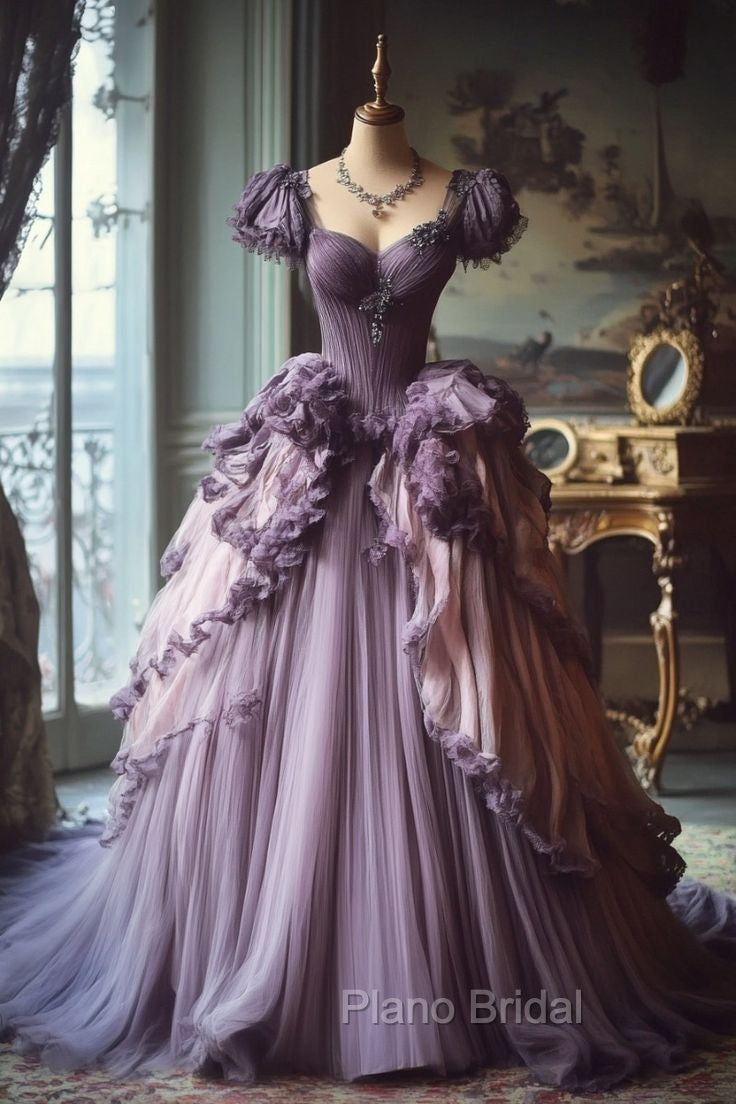 Gradient Purple A-Line Sweetheart Neck Tulle Lace Vintage Long Formal Prom Dresses Secondary image