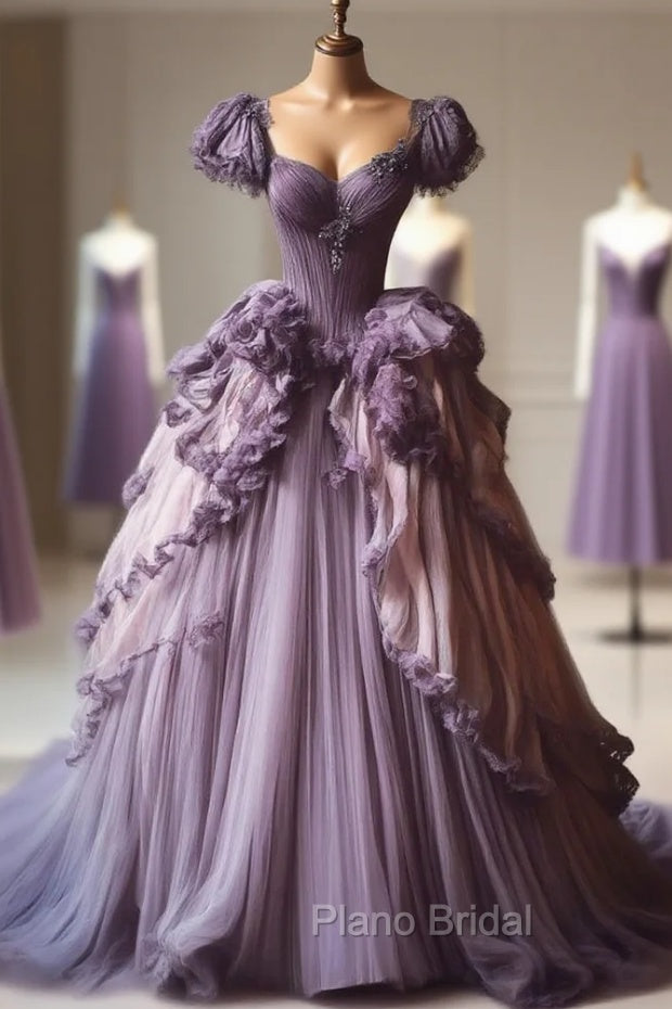 Gradient Purple A-Line Sweetheart Neck Tulle Lace Vintage Long Formal Prom Dresses
