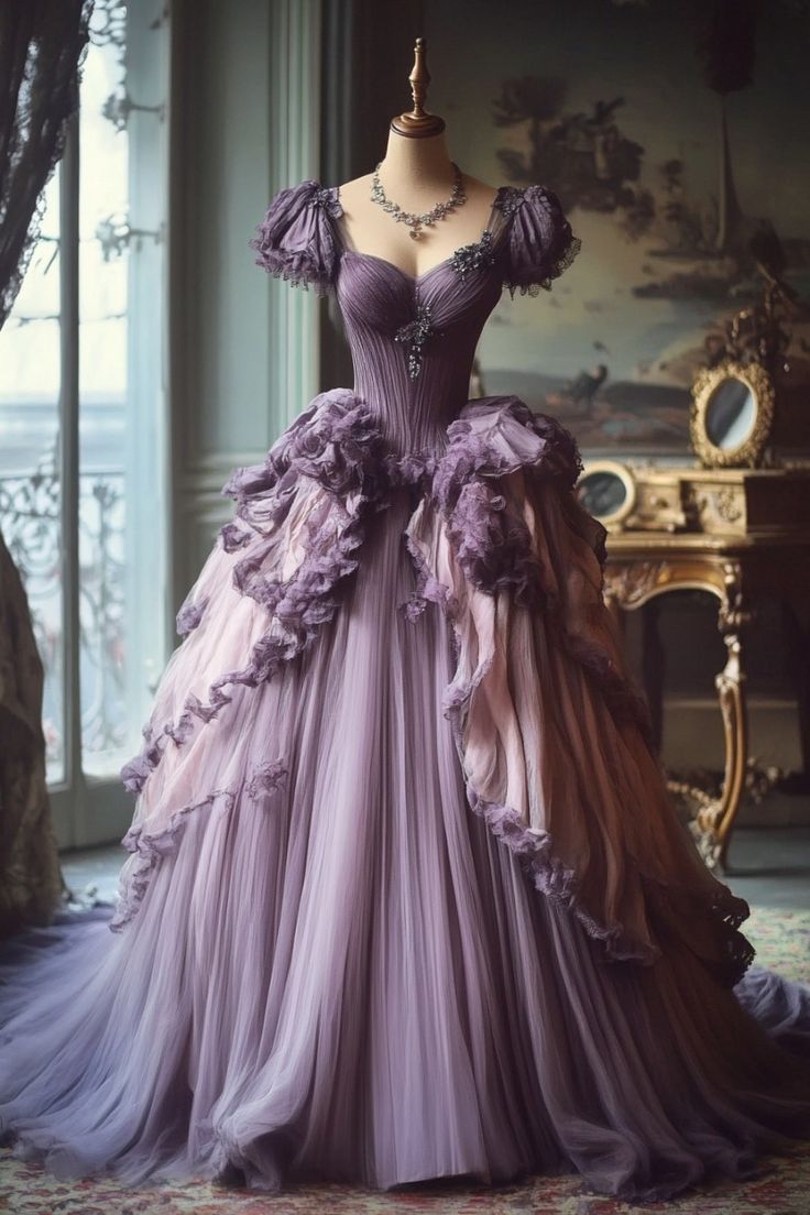 Gradient Purple A-Line Sweetheart Neck Tulle Lace Vintage Long Formal Prom Dresses Main image
