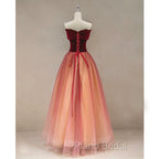 Gradient Red Tulle with Velvet Long Party Dresses, Cute Floor Length Formal Dresses