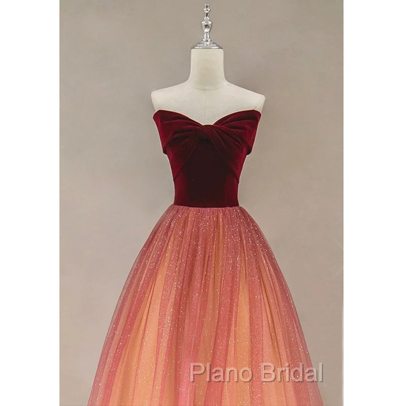 Gradient Red Tulle with Velvet Long Party Dresses, Cute Floor Length Formal Dresses