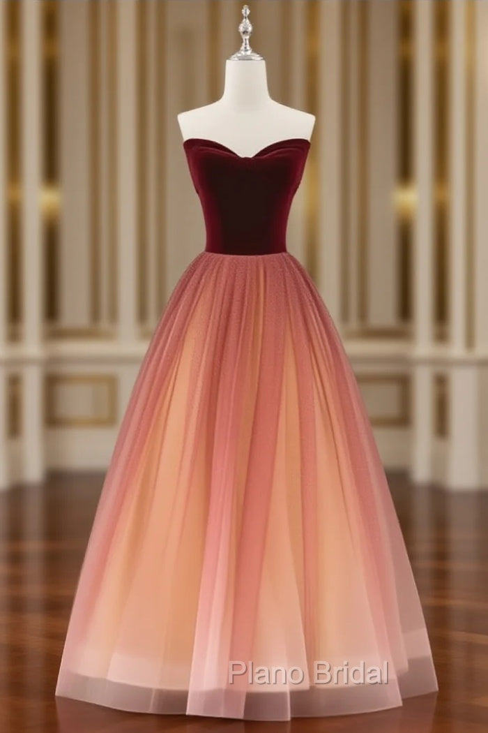Gradient Red Tulle with Velvet Long Party Dresses, Cute Floor Length Formal Dresses Main image