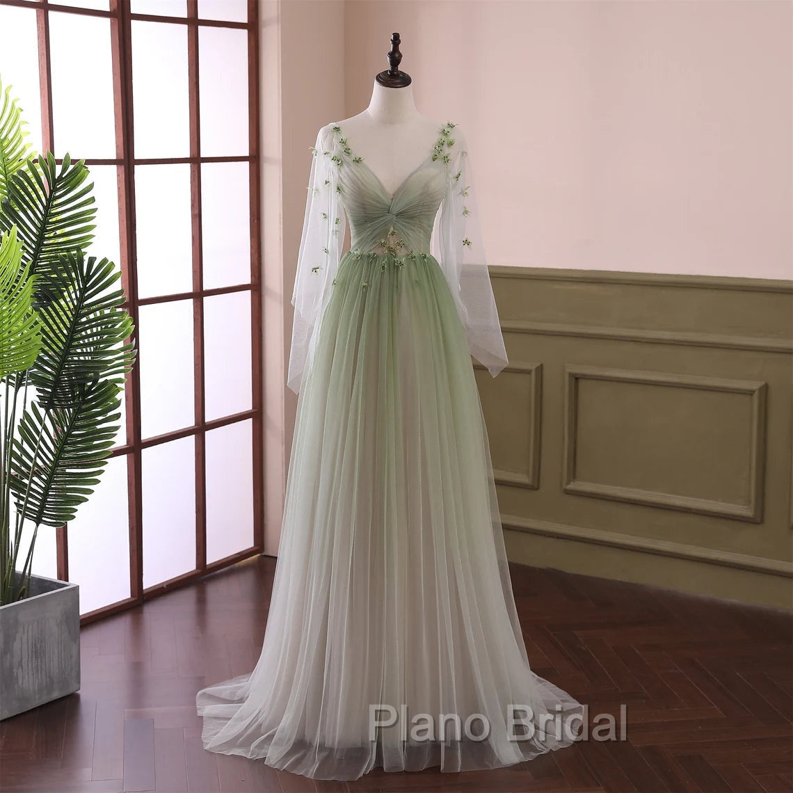 Gradient Tulle Green Beaded Long Sleeves Party Dresses, Green Formal Dresses Secondary image