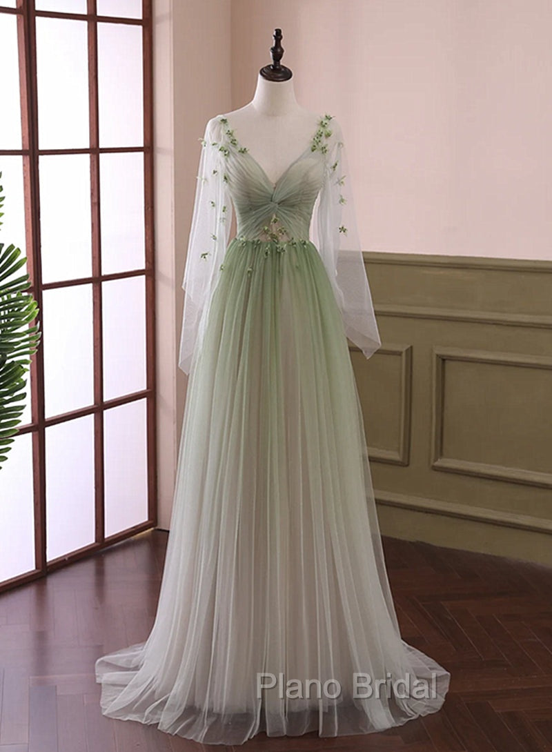 Gradient Tulle Green Beaded Long Sleeves Party Dresses, Green Formal Dresses Main image
