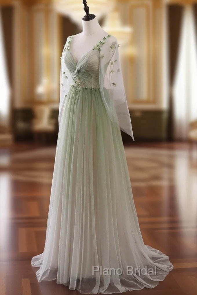 Gradient Tulle Green Long Sleeves Party Dresses, Green Evening Formal Dresses Main image