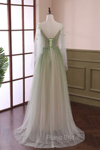 Gradient Tulle Green Long Sleeves Party Dresses, Green Evening Formal Dresses