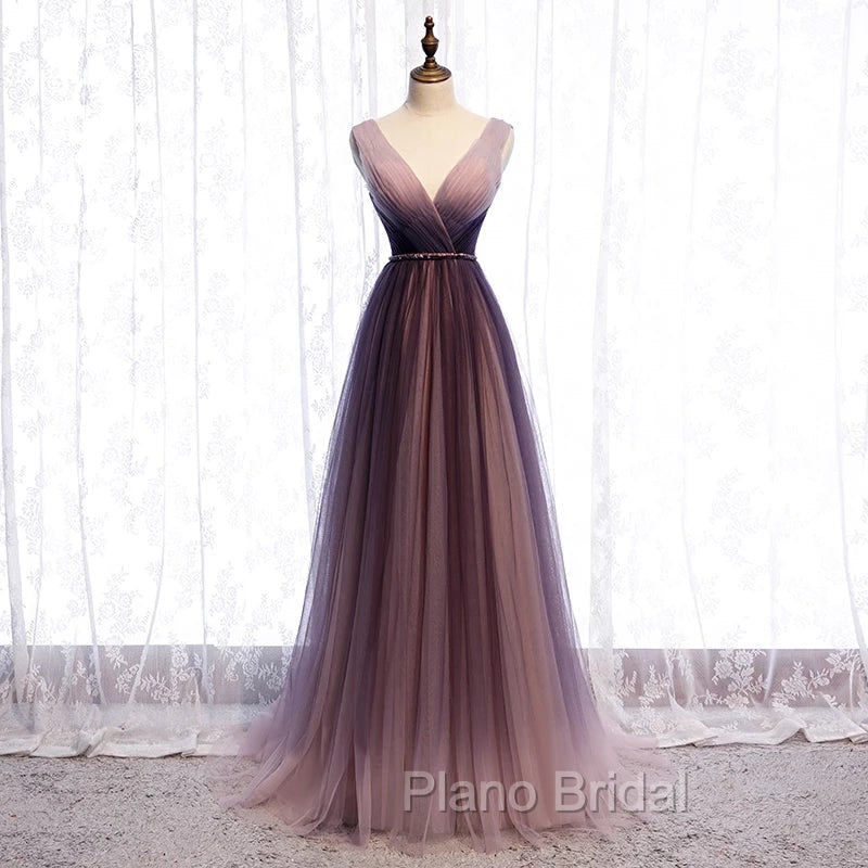 Gradient V-neckline Tulle Long Formal Prom Dresses Party Dresses, Gradient Evening Gown Secondary image