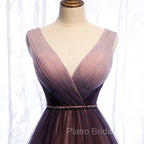 Gradient V-neckline Tulle Long Formal Prom Dresses Party Dresses, Gradient Evening Gown