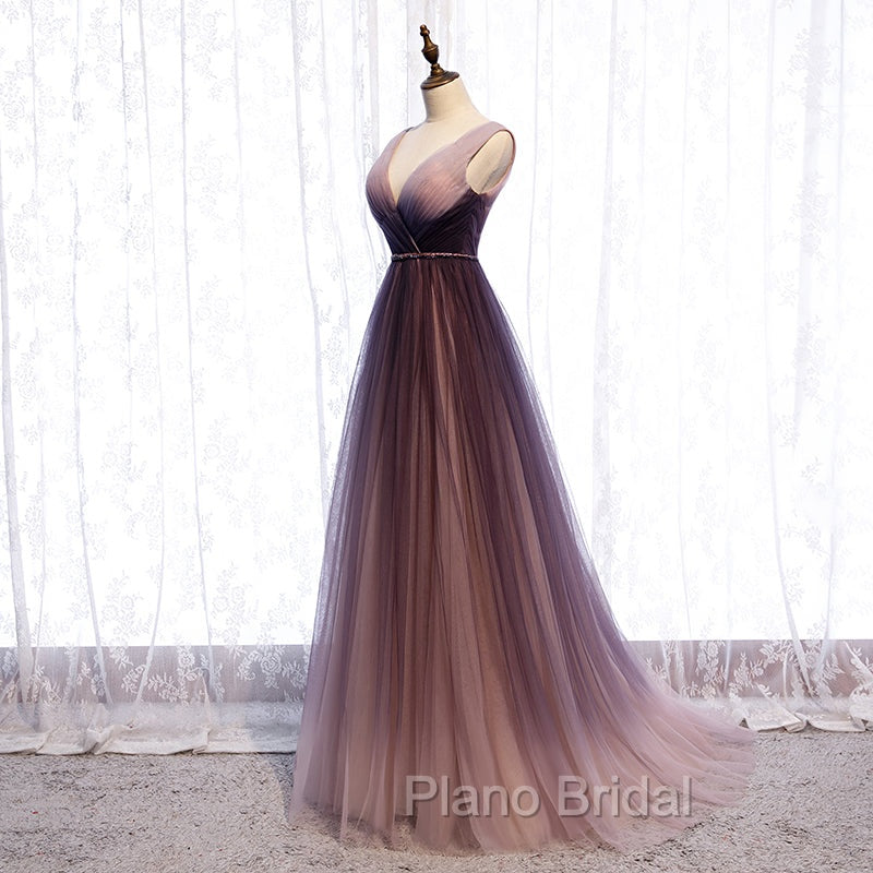 Gradient V-neckline Tulle Long Formal Prom Dresses Party Dresses, Gradient Evening Gown