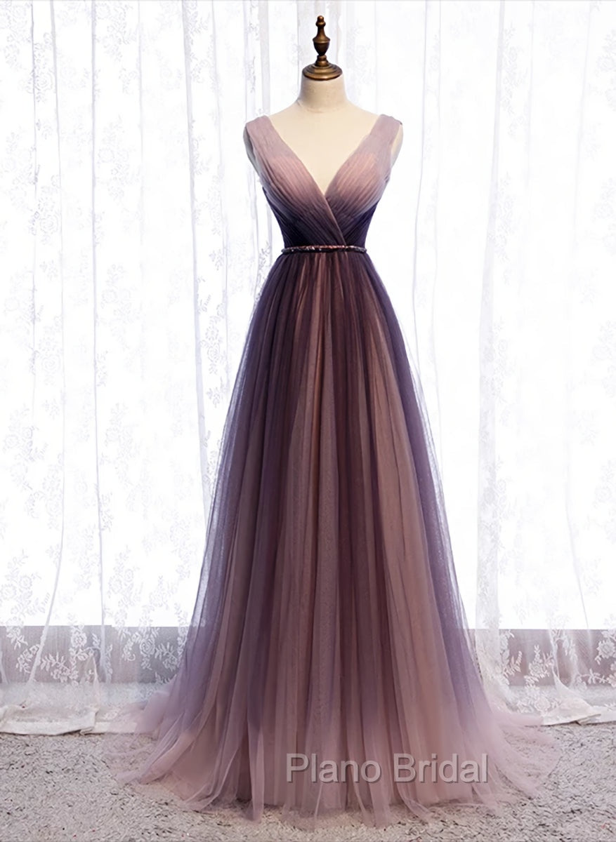 Gradient V-neckline Tulle Long Formal Prom Dresses Party Dresses, Gradient Evening Gown Main image
