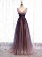 Gradient V-neckline Tulle Long Formal Prom Dresses Party Dresses, Gradient Evening Gown
