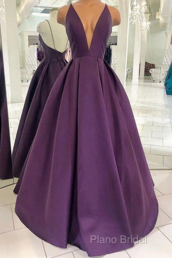 Grape Purple Satin V Neck Backless Long Formal Prom Dresses Main image