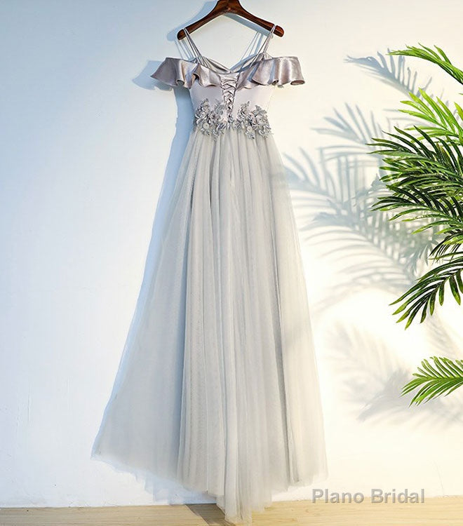 Gray A Line Lace Long Prom Dress, Gray Evening Dress Secondary image