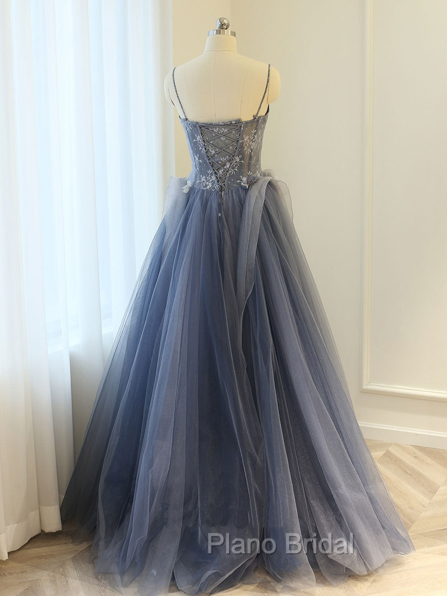 Gray A Line Lace Tulle Long Formal Prom Dresses, Gray Formal Evening Dresses Secondary image