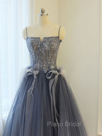 Gray A Line Lace Tulle Long Formal Prom Dresses, Gray Formal Evening Dresses