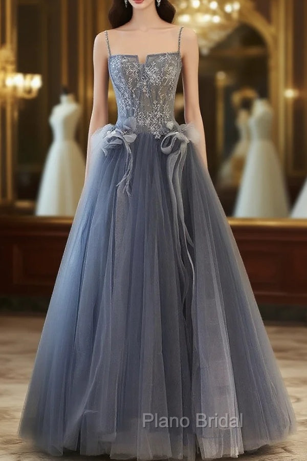 Gray A Line Lace Tulle Long Formal Prom Dresses, Gray Formal Evening Dresses Main image