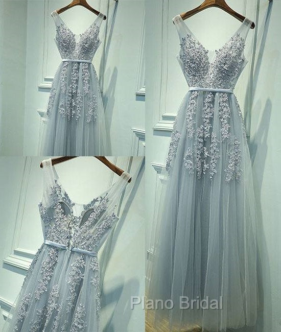 Gray A-Line Lace Tulle Long Formal Prom Dresses, Lace Tulle Bridesmaid Dresses Main image