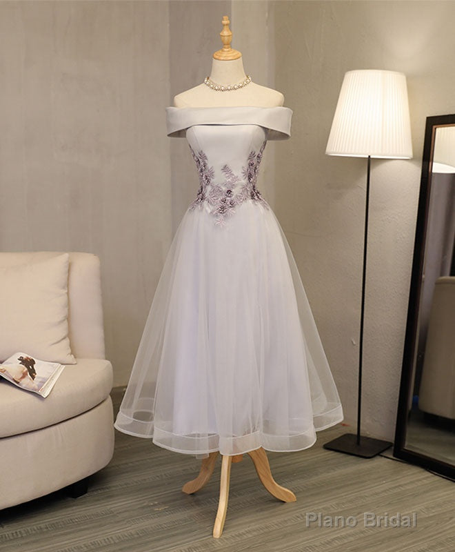 Gray A Line Off Shoulder Tea Length Prom Dress, Lace Homecoming Dress Main image
