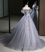 Gray A Line Off the Shoulder Appliques Tulle Long Formal Prom Dresses Evening Party Dresses