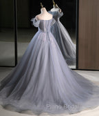 Gray A Line Off the Shoulder Appliques Tulle Long Formal Prom Dresses Evening Party Dresses