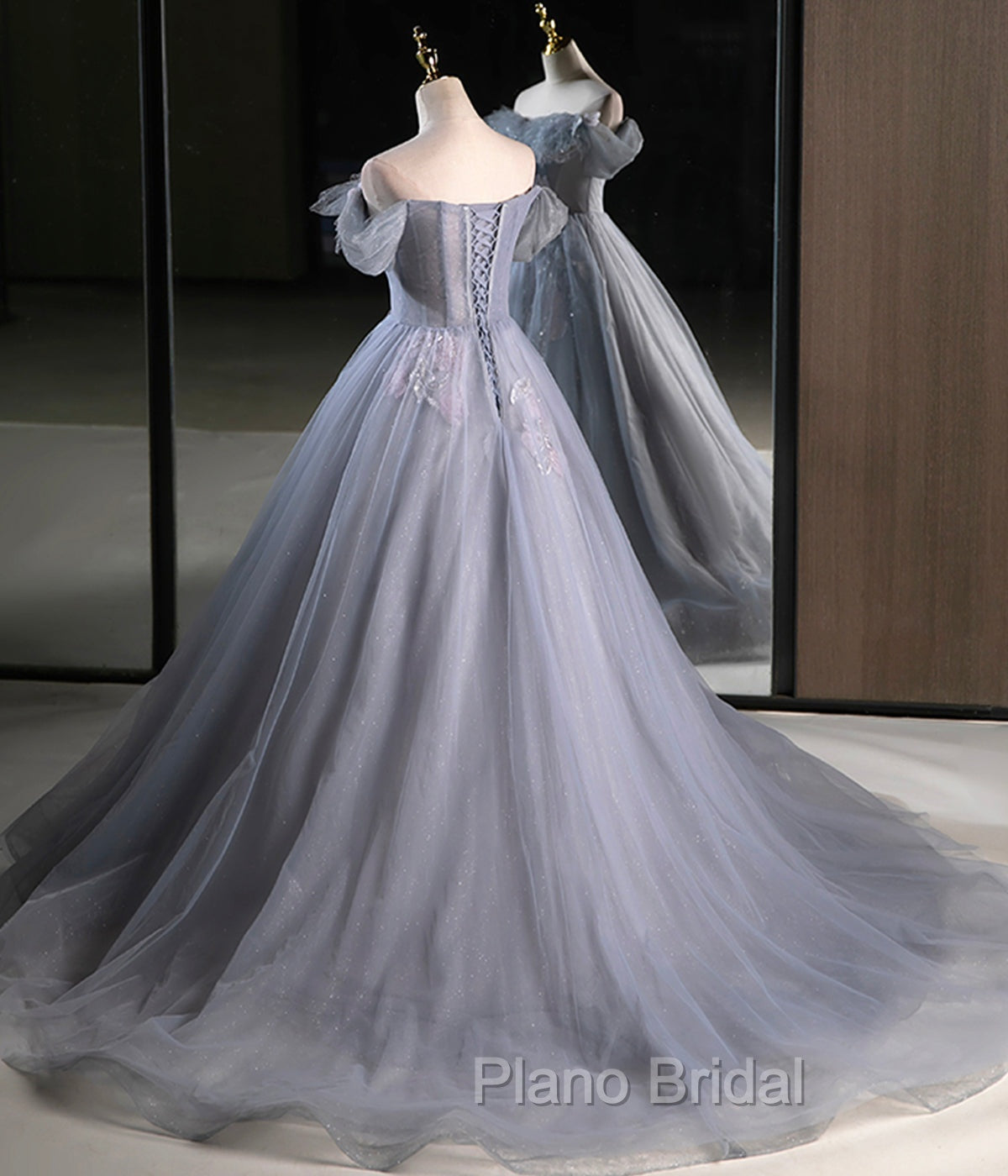 Gray A Line Off the Shoulder Appliques Tulle Long Formal Prom Dresses Evening Party Dresses