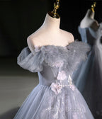Gray A Line Off the Shoulder Appliques Tulle Long Formal Prom Dresses Evening Party Dresses