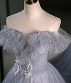 Gray A Line Off the Shoulder Appliques Tulle Long Formal Prom Dresses Evening Party Dresses