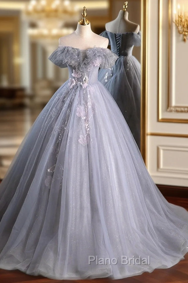 Gray A Line Off the Shoulder Appliques Tulle Long Formal Prom Dresses Evening Party Dresses
