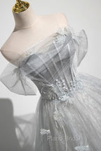 Gray A-Line Off the Shoulder Tulle Formal Prom Dresses, Lovely Corset Floor Length Party Dresses
