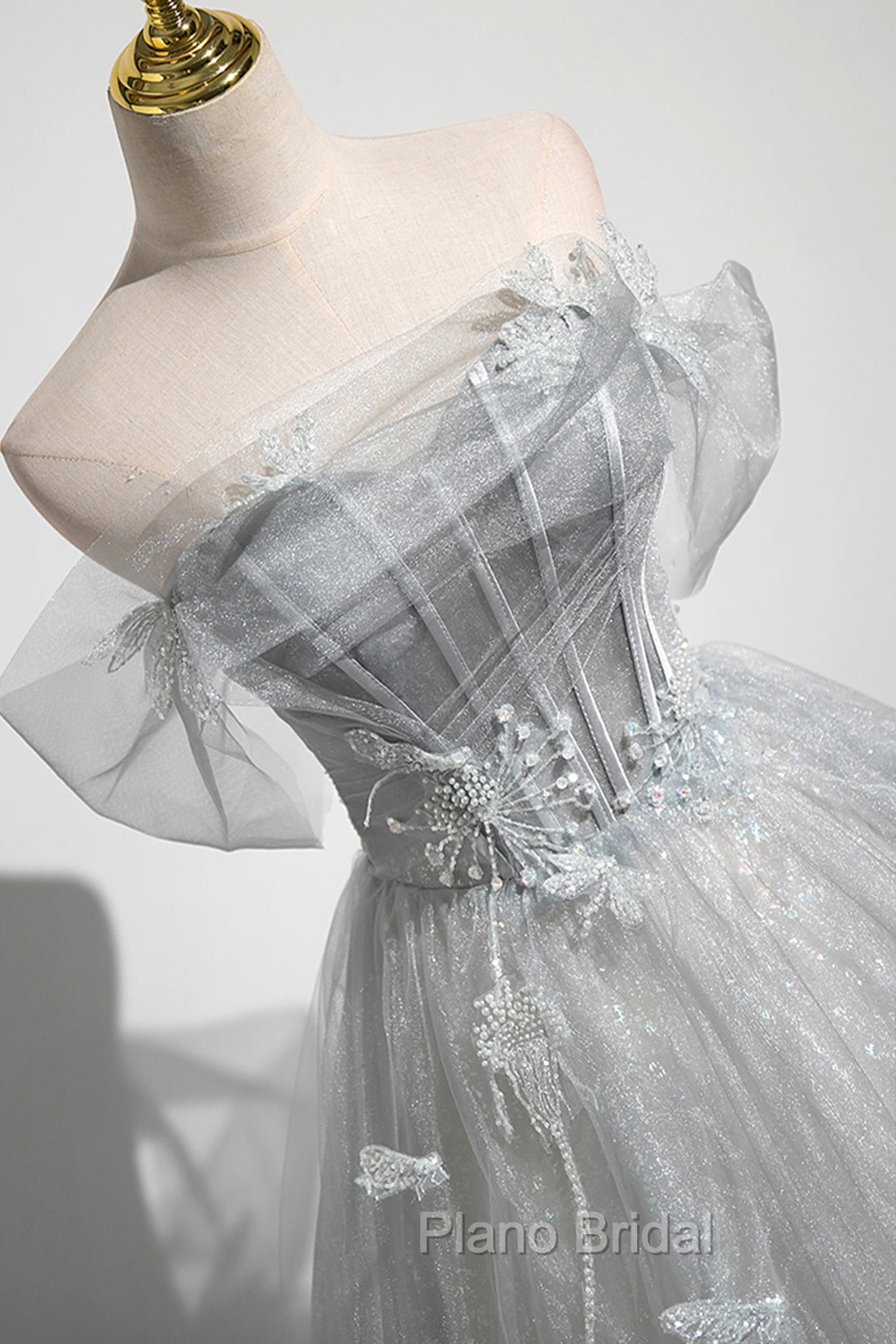 Gray A-Line Off the Shoulder Tulle Formal Prom Dresses, Lovely Corset Floor Length Party Dresses